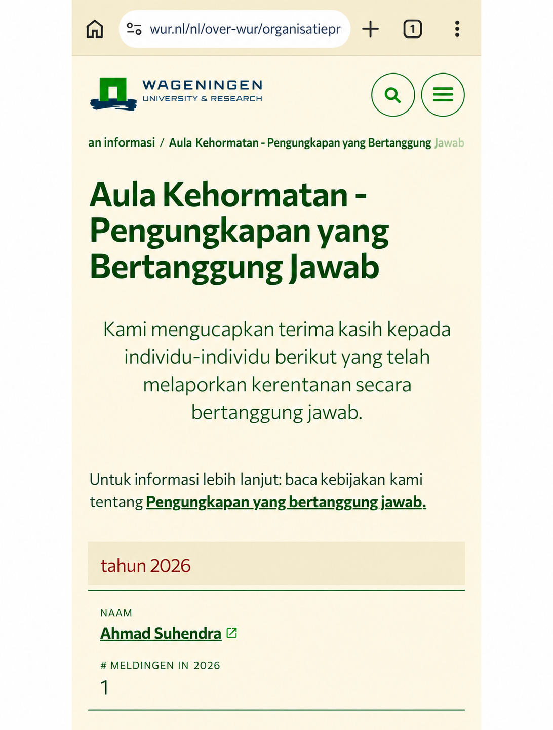 Wageningen University and Research Hall of Fame listing Ahmad Suhendra in 2026